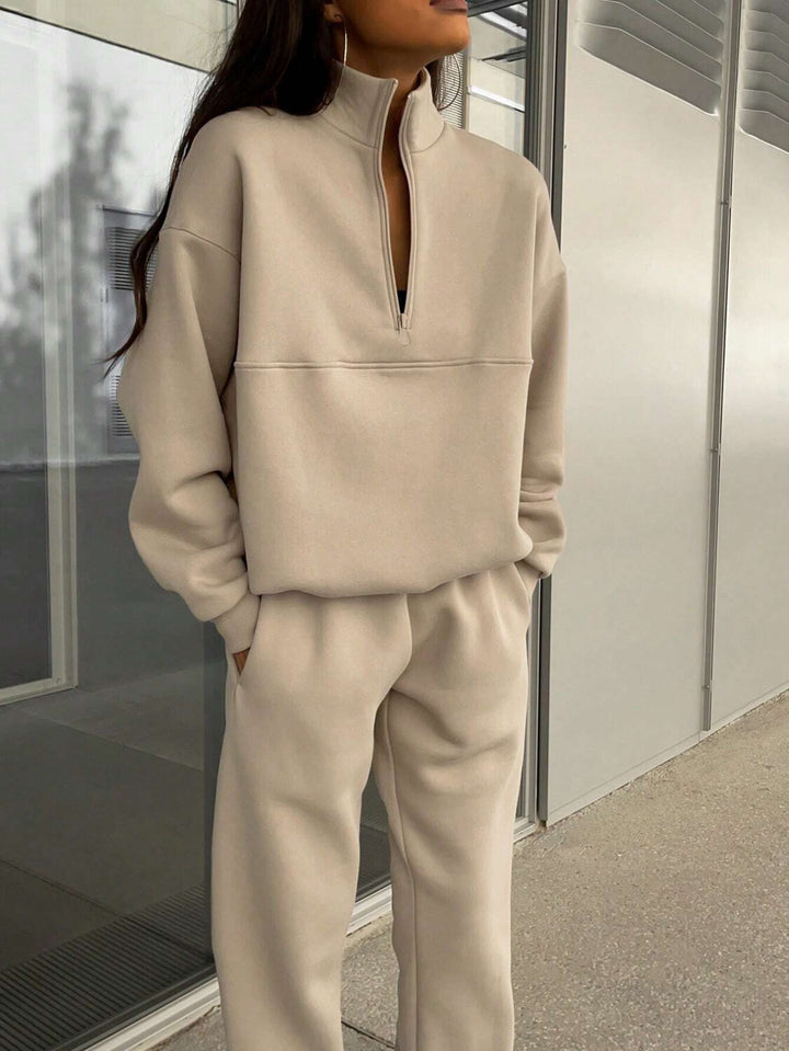 Damen Oversize Half-Zip Sweatshirt mit Stehkragen und weicher Jogginghose – Avérine