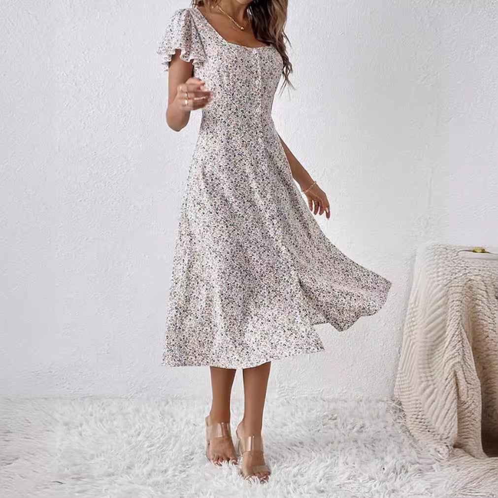 Damen nan tailliertes Midikleid mit quadratischem Ausschnitt, verdeckter Knopfleiste und fließendem A-Linien-Rock Echo Archiv