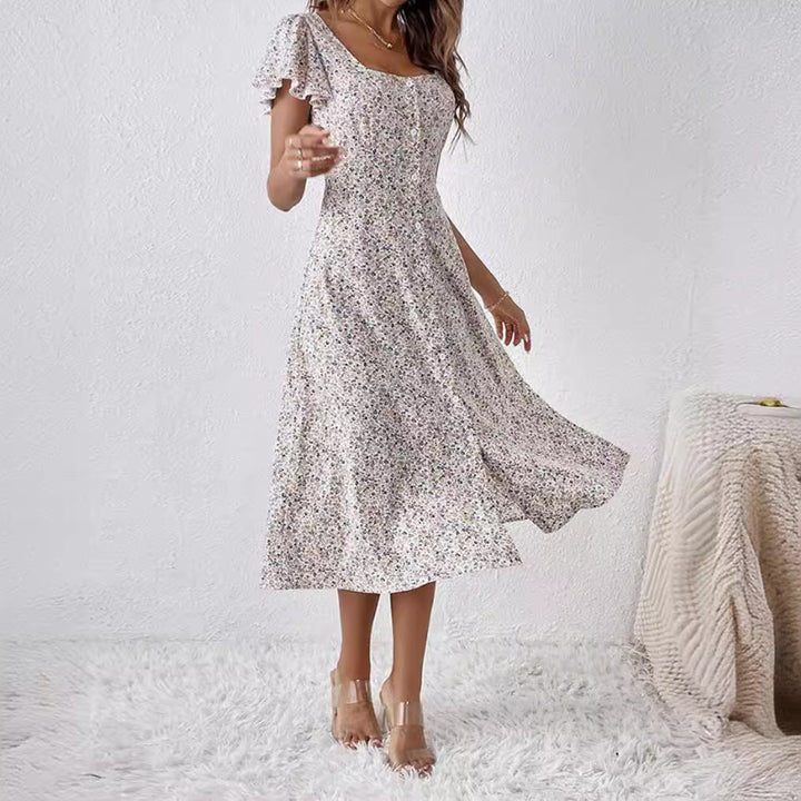 Damen nan tailliertes Midikleid mit quadratischem Ausschnitt, verdeckter Knopfleiste und fließendem A-Linien-Rock Echo Archiv
