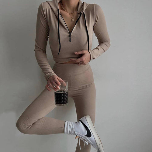Damen figurnahes Rippjersey-Halbzip-Set mit tailliertem Longsleeve und High-Waist-Leggings – Avérine