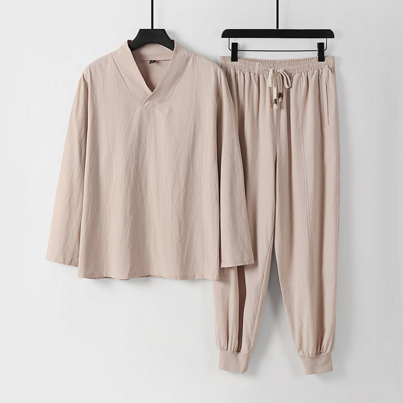 Herren Leichtes Kimono-Loungewear-Set aus Baumwollmix mit V‑Ausschnitt und elastischer Bündchenhose Echoarchiv