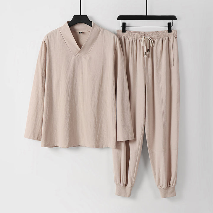 Herren Leichtes Kimono-Loungewear-Set aus Baumwollmix mit V‑Ausschnitt und elastischer Bündchenhose Echoarchiv