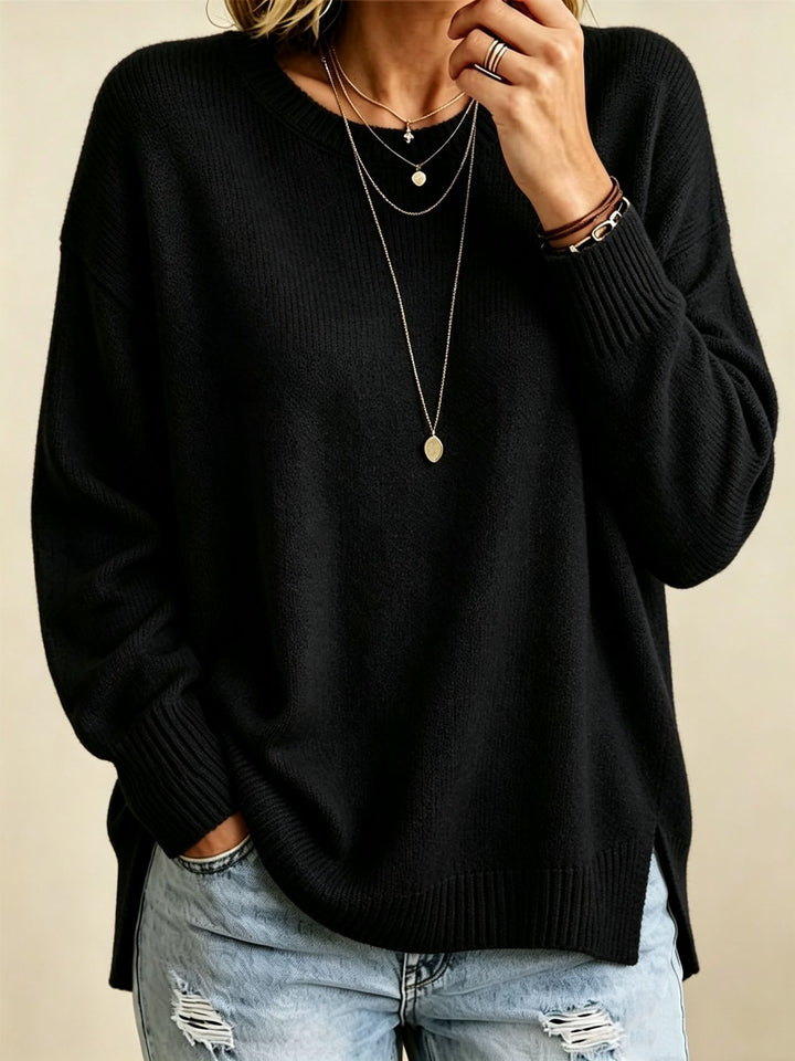 Damen Locker geschnittener Rundhals-Feinstrickpullover mit Seitenschlitzen und gerippten Bündchen – Mavelle