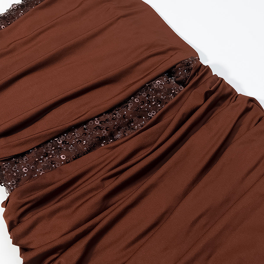Damen Abendkleid mit schulterfreiem Drape‑Oberteil und Pailletten‑Einsatz Echoarchiv