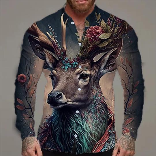 Herren Langarmhemd mit kreativem Tiermotiv und floralem Design Echoarchiv