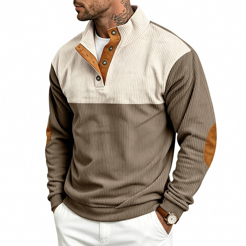 Herren Strukturierter Troyer-Pullover mit Stehkragen, Druckknopfleiste und Ellbogen‑Patches Echoarchiv