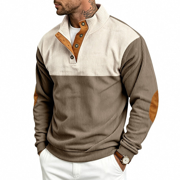 Herren Strukturierter Troyer-Pullover mit Stehkragen, Druckknopfleiste und Ellbogen‑Patches Echoarchiv
