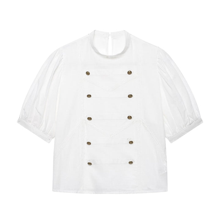 Damen Leichte Baumwollbluse im Matrosenstil mit dekorativen Metallbuttons und Puffärmeln Echo Archiv