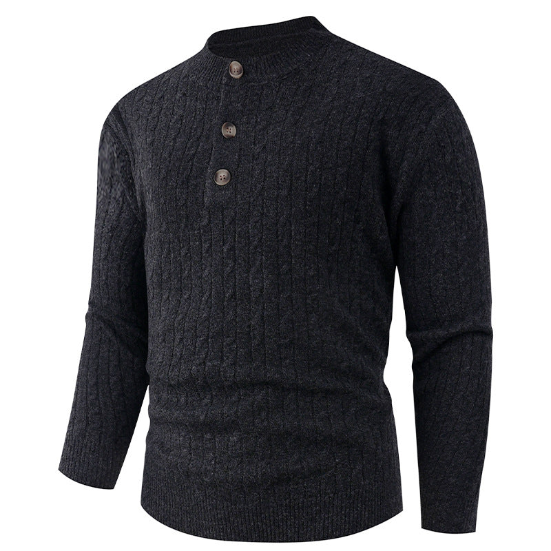 Herren Grobstrickpullover mit modernem Schalkragen und Knopfdetails Echoarchiv