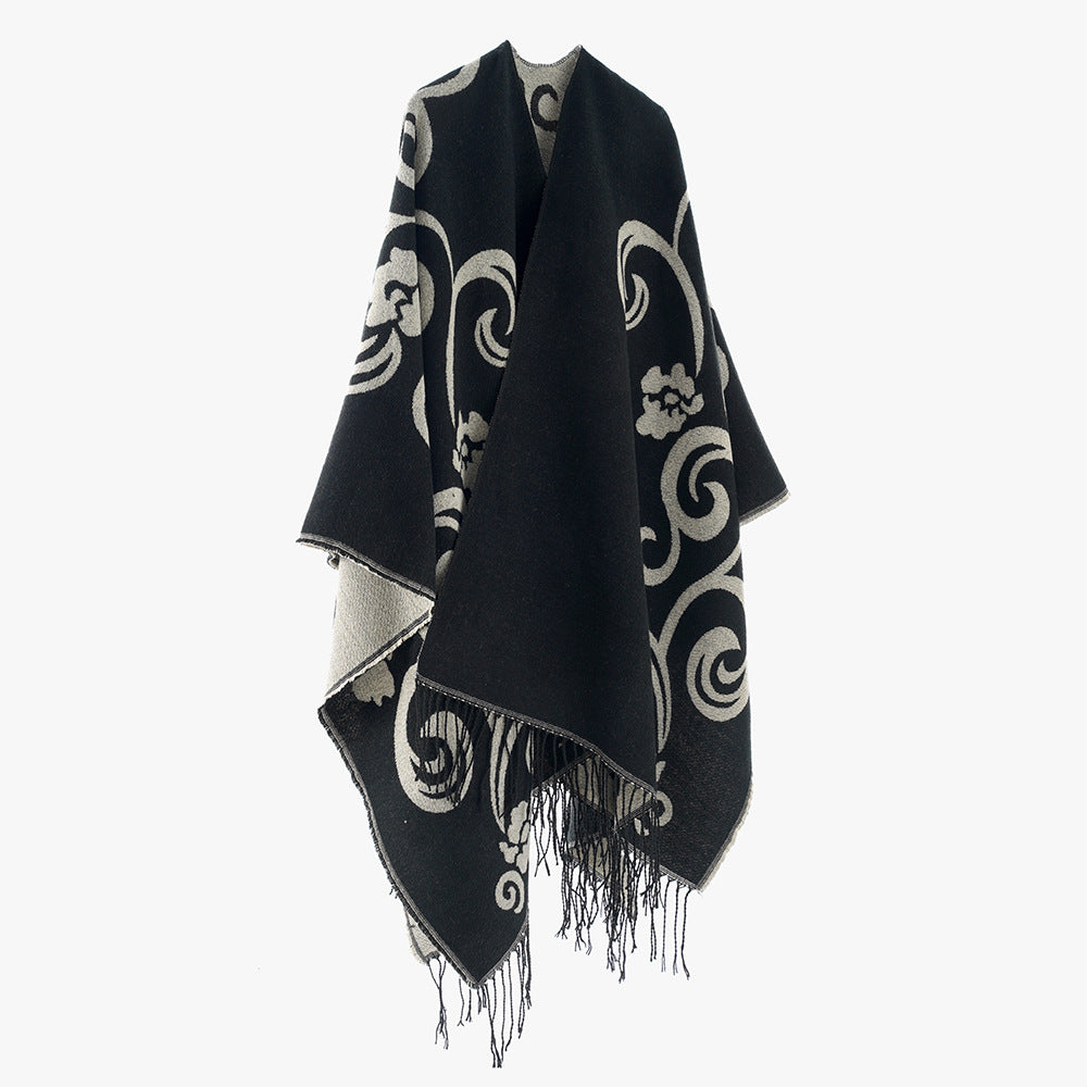 Damen Jacquard-Überwurf im Umhangstil mit Wendefunktion und Fransensaum Echo Archiv