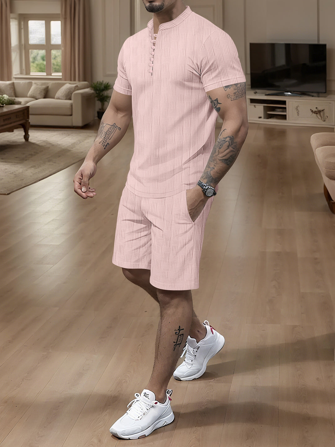 Herren modernes Kurzarm Jumpsuit mit aufgeknöpftem Stehkragen und strukturiertem Design Echoarchiv
