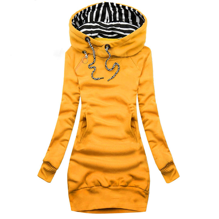 Damen Hoodie-Midi-Kleid mit weitem Funnel-Neck, gestreifter Innenseite und Kängurutaschen – Auréline