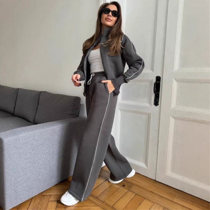 Damen Zweiteiliges Jogginganzug-Set mit Stehkragen, Kontrastpaspel und weitem Bein – Avérine