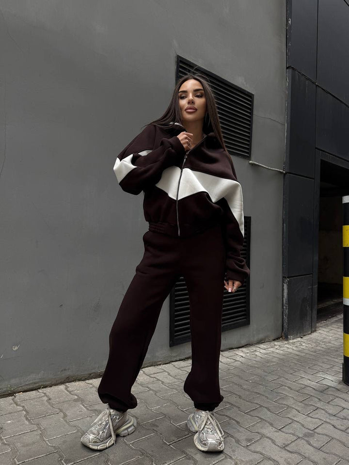 Damen Athleisure-Zweiteiler aus schwerem Neopren-Fleece mit geometrischen Teilungsnähten und hoher Taille – Avérine