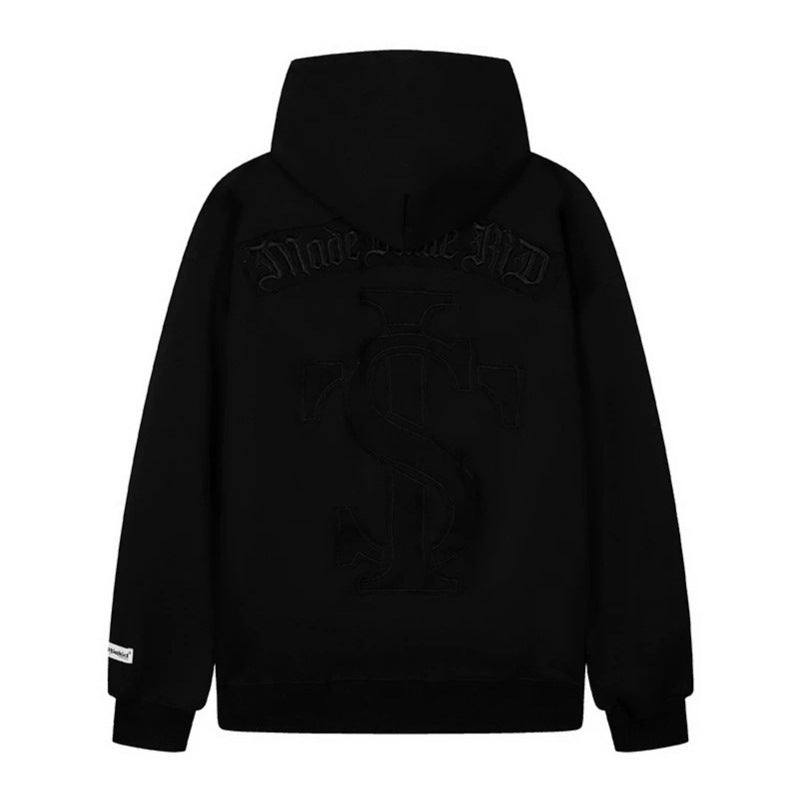 Unisex Oversize-Kapuzenpullover mit Gothic-Ärmelprint und Kängurutasche Echoarchiv