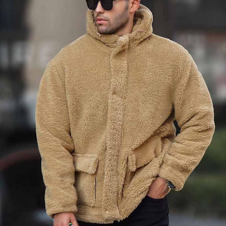 Herren modische Teddyjacke mit großer Kapuze und aufgesetzten Taschen Echoarchiv