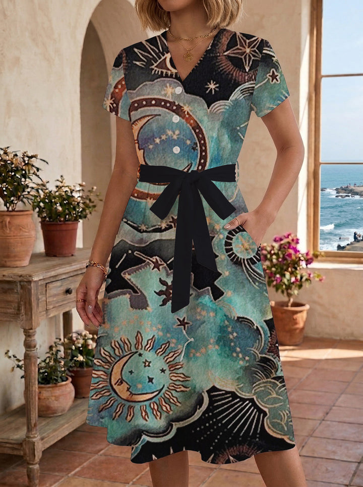 Damen Blühendes Midikleid mit taillierbarem Gürtel und kunstvollem Print Echo Archiv