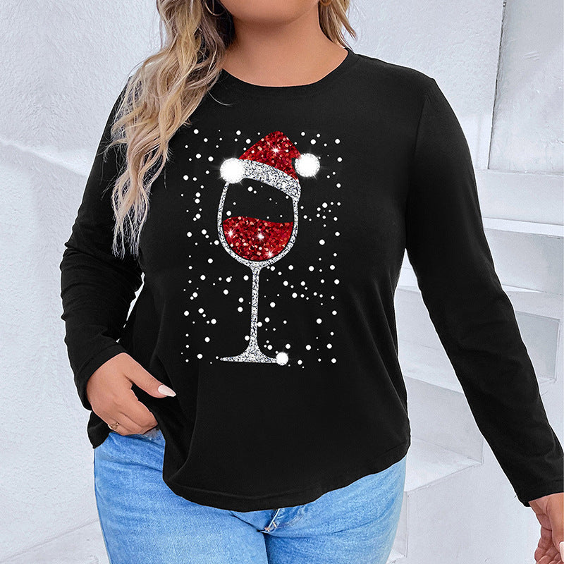Damen Langarmshirt mit funkelndem Weihnachts-Weinglas-Print Echoarchiv