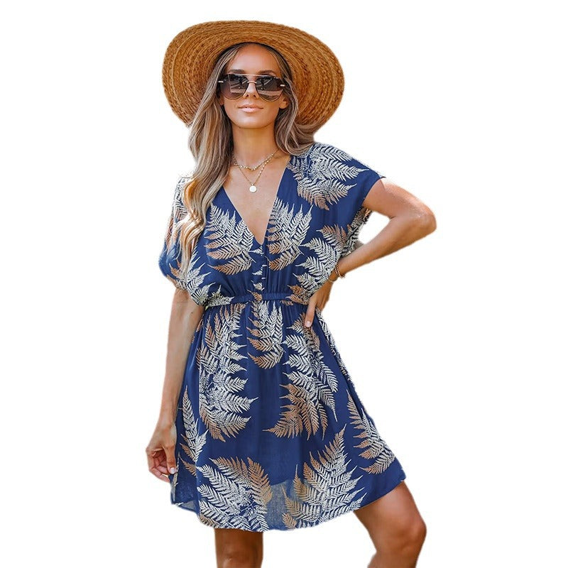 Damen Maxikleid mit botanischem Muster und tiefem V-Ausschnitt Echo Archiv