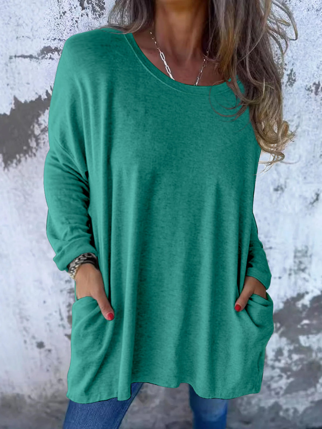 Damen Weiches Oversize Langarmshirt mit Rundhalsausschnitt, Lässigen Ärmeln und Seitentaschen – Avérine
