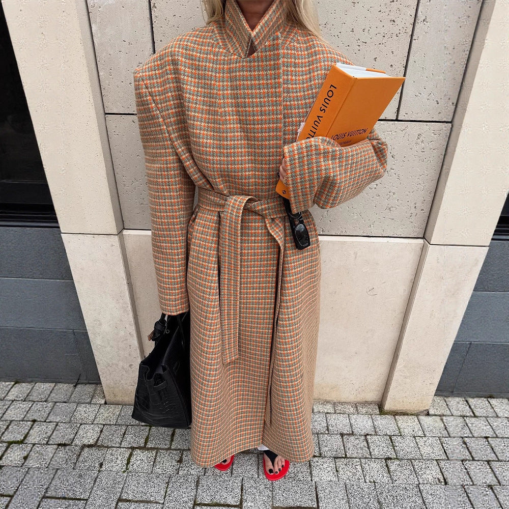 Damen Oversize Wollmantel mit Hahnentritt-Muster und Taillengürtel Echoarchiv