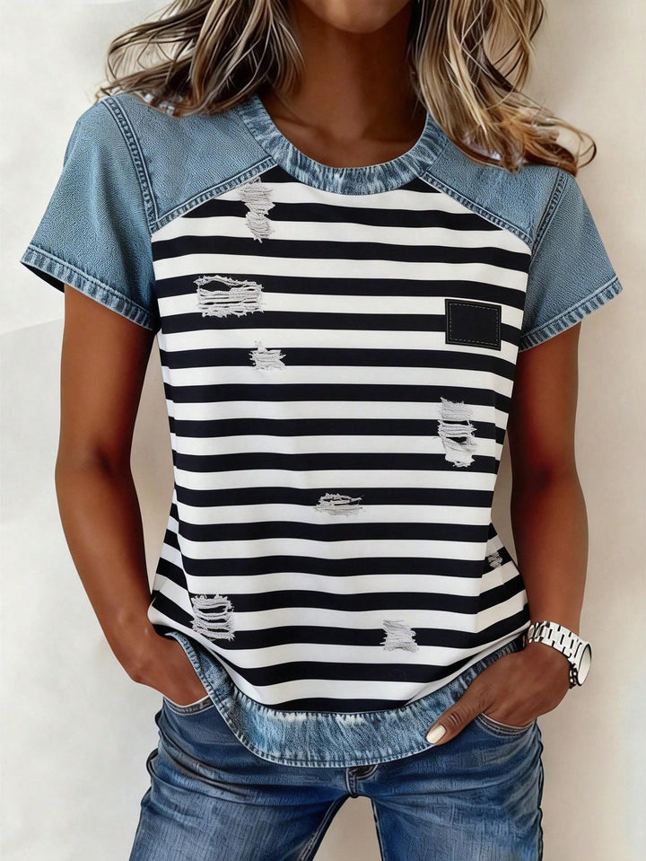 Damen Kurzarmshirt mit Jeans-Einsätzen und Teddy-Patchprint Echo Archiv