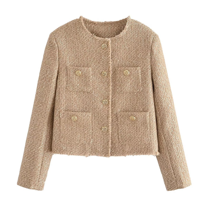 Damen cropped Tweed-Kurzjacke mit Rundhalsausschnitt, goldenen Zierknöpfen und aufgesetzten Taschen – Célinea
