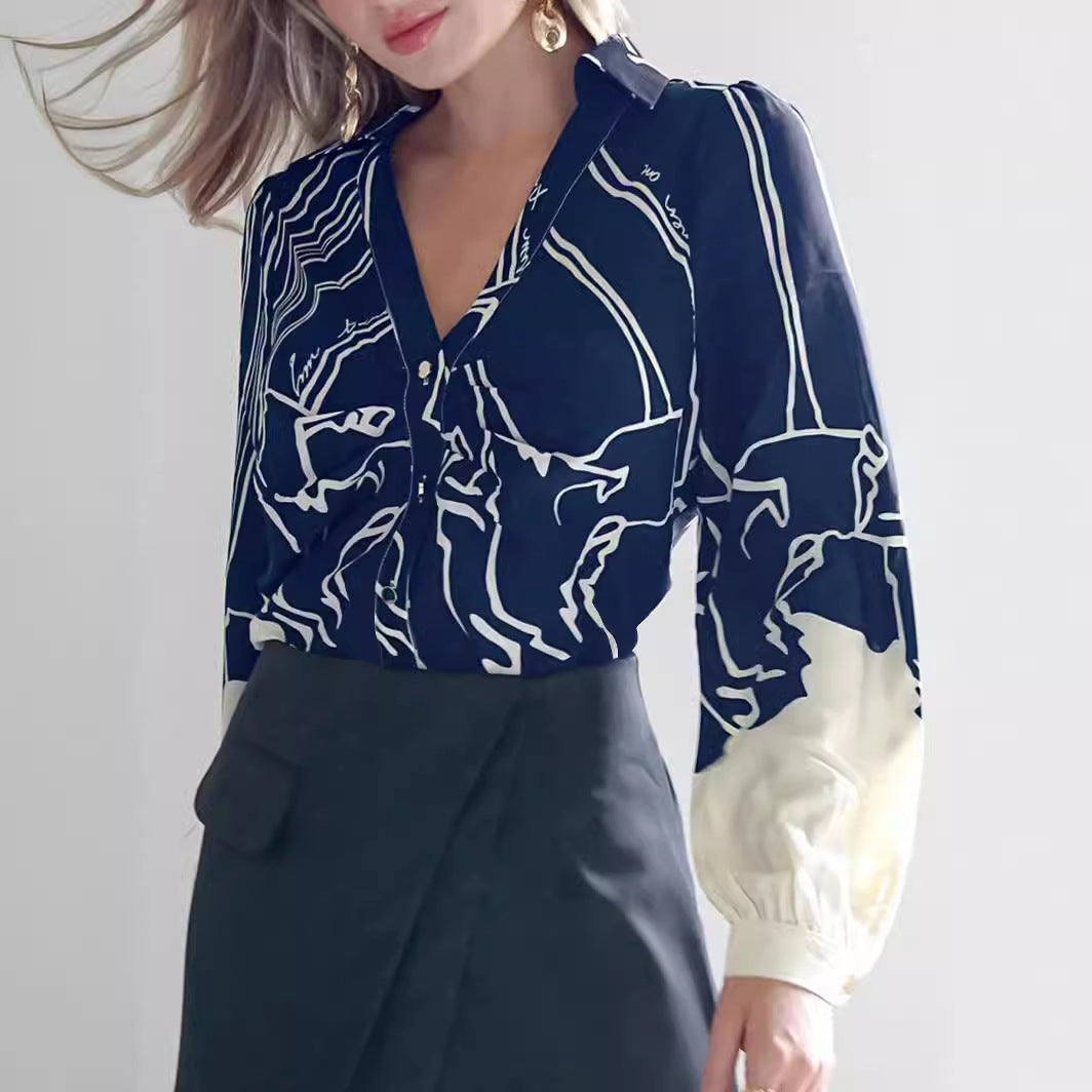 Damen V-Ausschnitt-Bluse mit abstraktem Grafikprint, Ballonärmeln und kontrastierenden Manschetten – Avérine