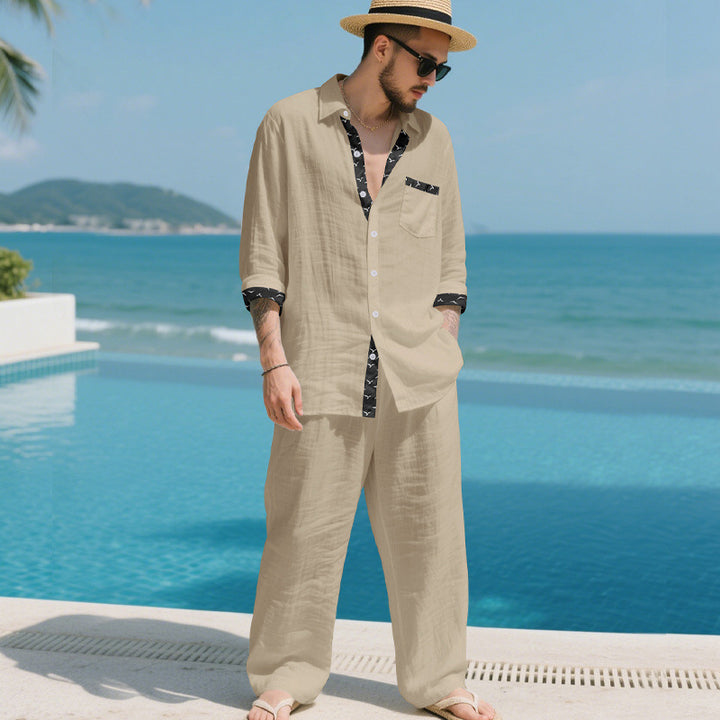 Herren Leinenoptik-Loungewear-Set mit Kordelzughose und offenem Hemdjacke – Averon