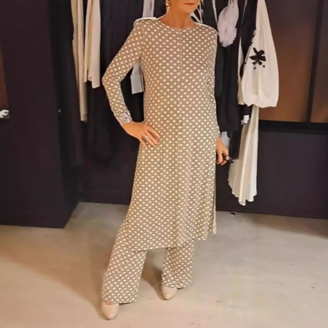 Damen nan Pünktchen-Lounge-Ensemble mit langer A-Linien-Tunika, mittigem Frontschlitz und weiter Palazzohose Echo Archiv