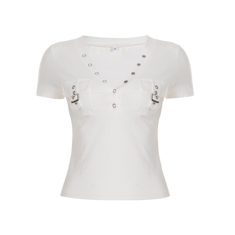 Damen Kurzarm Shirt mit dekorativem V-Ausschnitt und praktischem Taschen-Design Echo Archiv