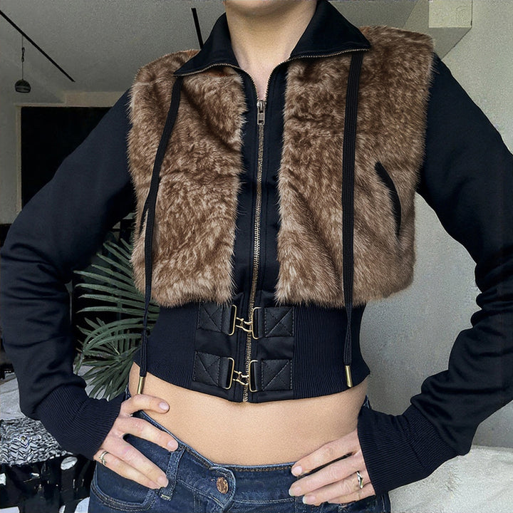 Damen Kurzjacke mit Kunstfellfront, hohem Stehkragen und tailliertem Rippbund Echo Archiv