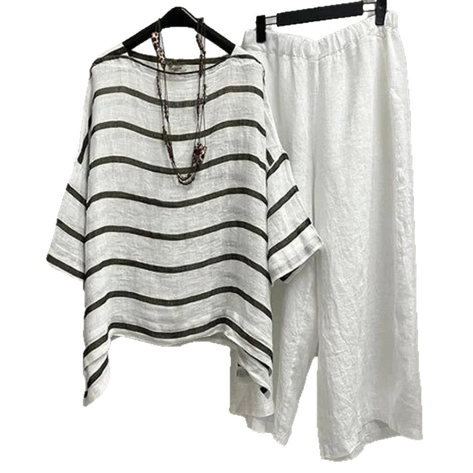 Damen nan lässiges Leinen-Set mit asymmetrischer Streifenbluse und weiter Elastikbund-Hose Echo Archiv