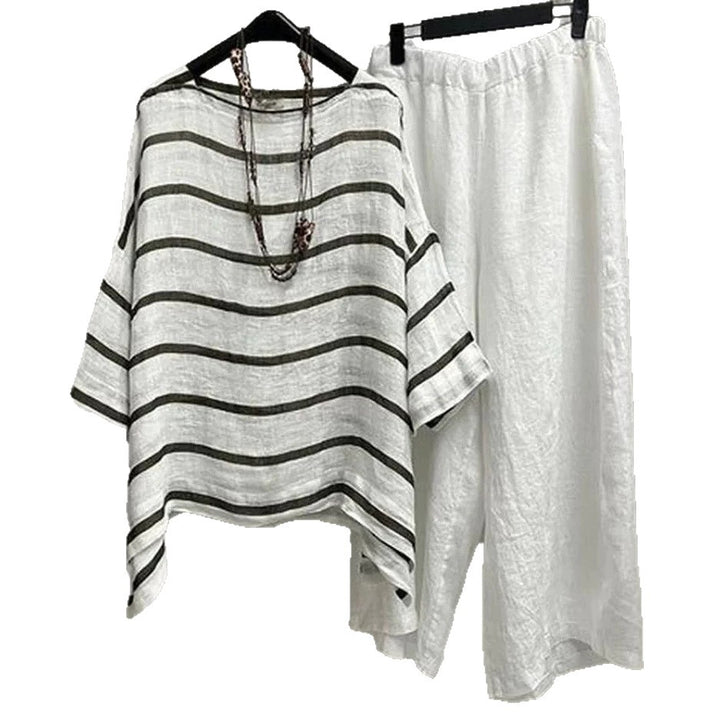 Damen nan lässiges Leinen-Set mit asymmetrischer Streifenbluse und weiter Elastikbund-Hose Echo Archiv