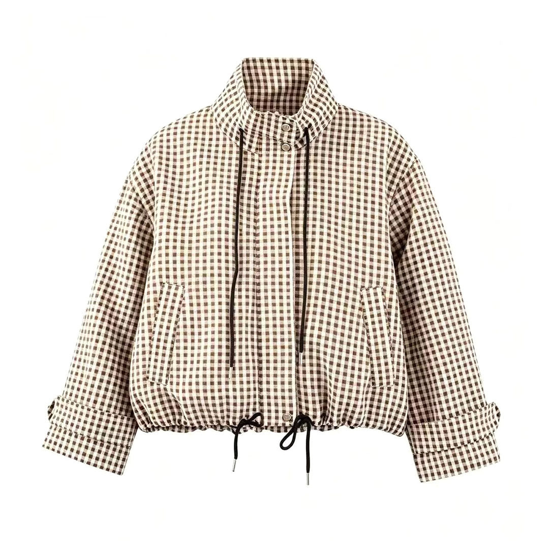 Damen Kurzjacke im Karo‑Look mit Tunnelzugsaum und hohem Stehkragen Echoarchiv