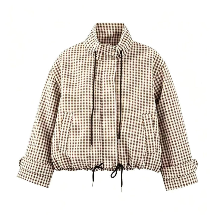 Damen Kurzjacke im Karo‑Look mit Tunnelzugsaum und hohem Stehkragen Echoarchiv