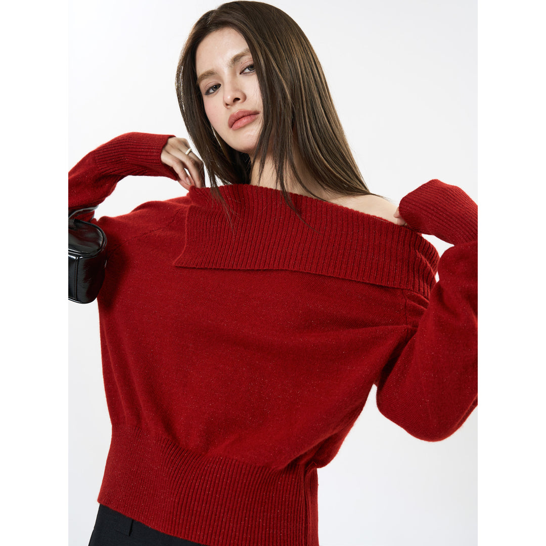 Damen Schulterfreier Oversize-Rippstrickpullover mit umgeschlagenem Kragen Echoarchiv