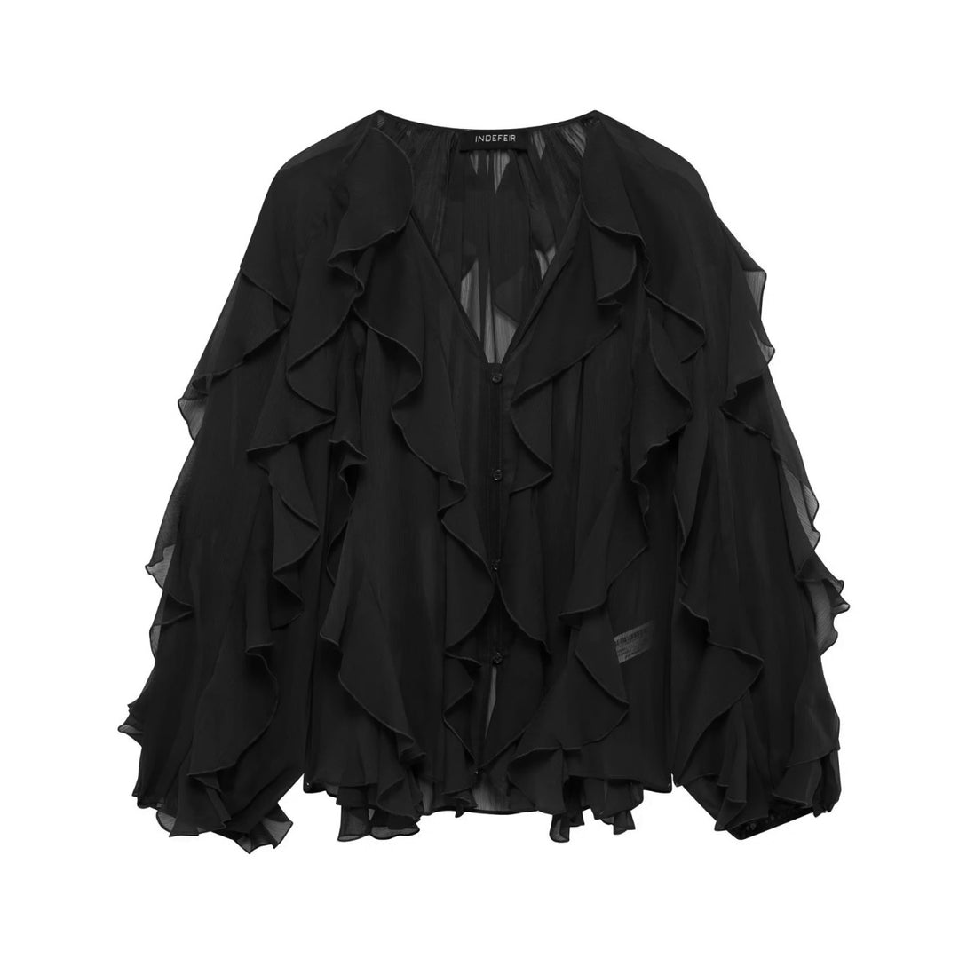 Damen Chiffon-Bluse mit vielfachen Volant-Rüschen und Knopfleiste Echo Archiv