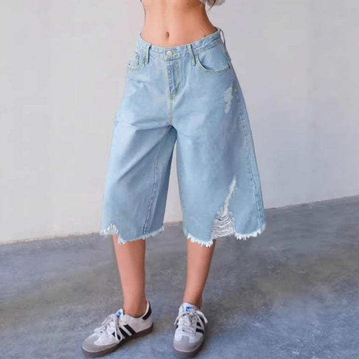 Damen Weite Denim-Culotte mit hohem Bund, Distressed-Details und rohem Saum Echo Archiv