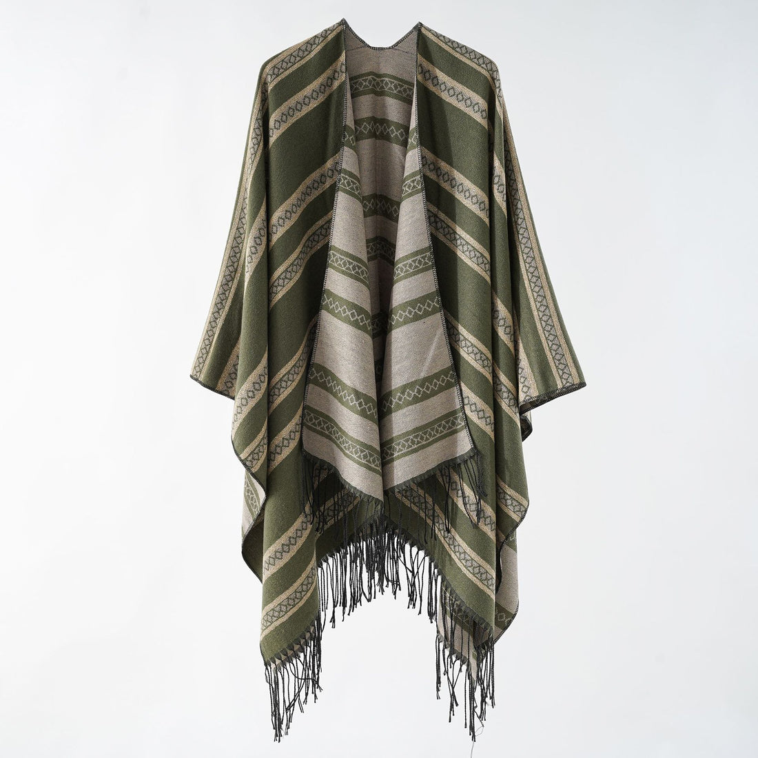 Damen Langer Webponcho im Cape-Stil mit Streifen-Jacquard und Fransen – Montévia