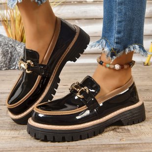 Damen Modische Lack-Loafer mit übergroßer Schleife und grober Profilsohle – Lioré