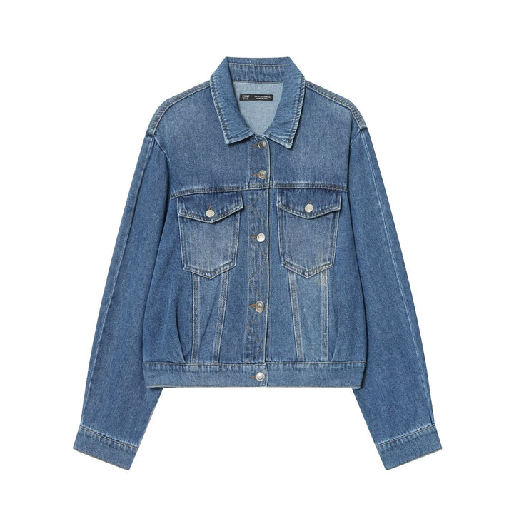 Damen Kurz geschnittene Oversize-Jeansjacke mit Pattentaschen Echoarchiv