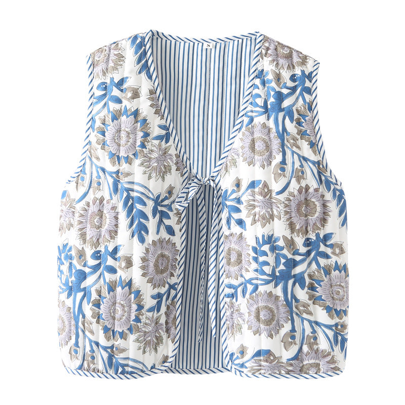 Damen nan gequiltete Patchwork-Weste mit Bindeband und V-Ausschnitt Echo Archiv