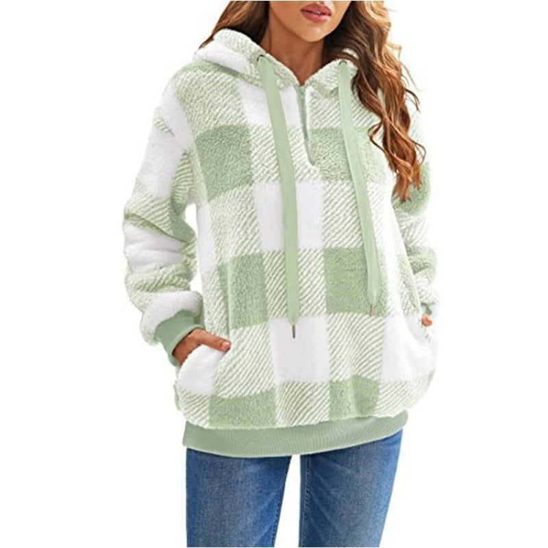 Damen Oversized Sherpa-Hoodie im Karomuster mit halbem Reißverschluss und Kängurutasche Echo Archiv