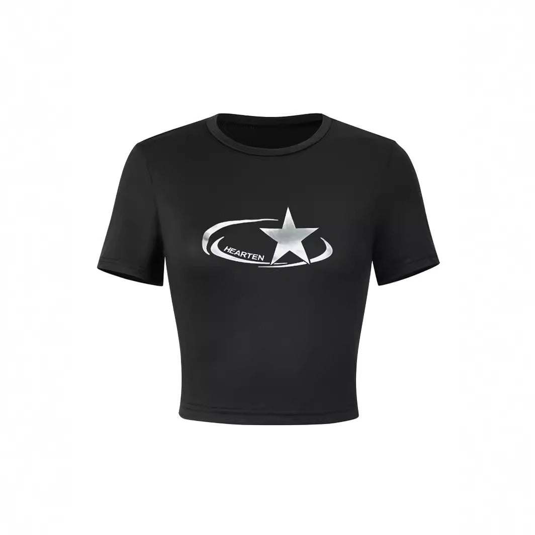 Damen Crop-T-Shirt mit glänzendem Sternmotiv und figurbetontem Schnitt Echo Archiv