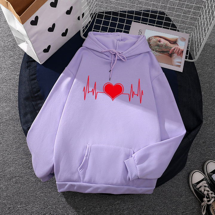 Unisex oversized Kapuzenpullover mit Herz-EKG-Print und Kängurutasche – Auréline