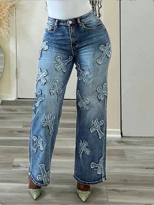 Damen Hochtaillierte Straight‑Leg‑Jeans mit Fransen‑Kreuz‑Applikationen Echo Archiv