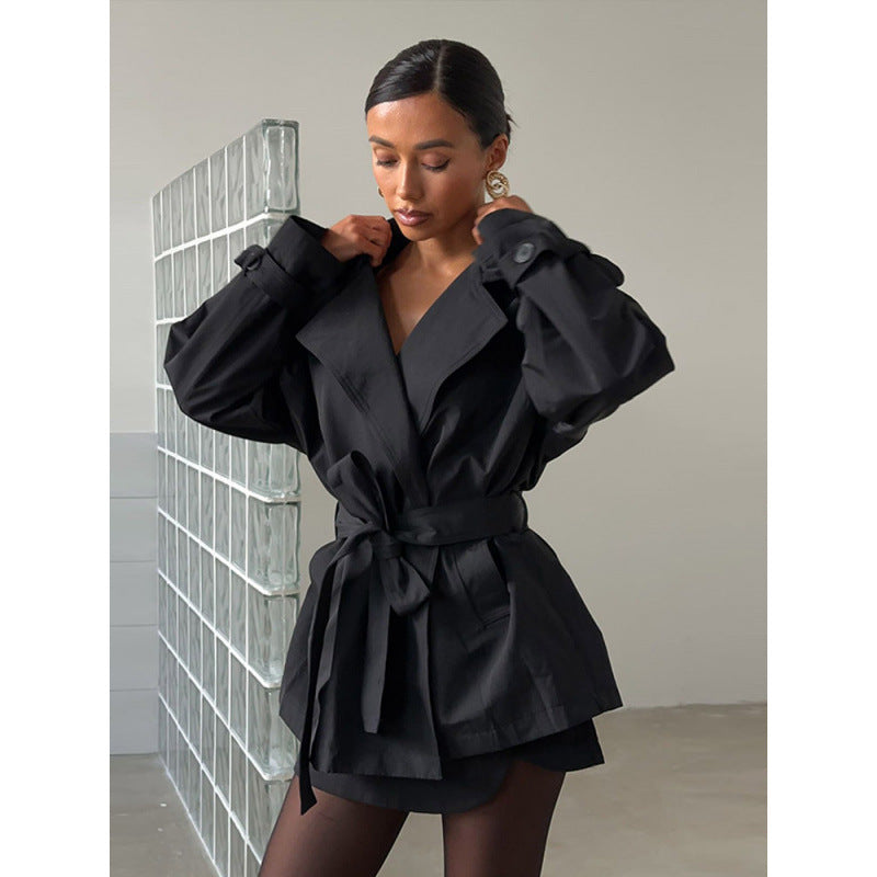 Damen Kurzer Taillierter Trench mit Cape-Überwurf und Bindegürtel Echoarchiv