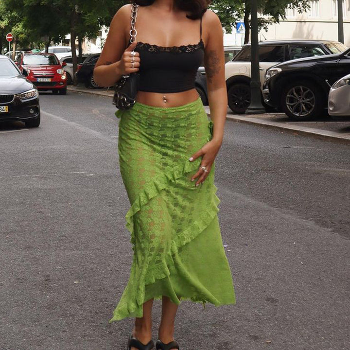 Damen Lange Spitzenrock mit asymmetrischem Rüschenverlauf und eleganter Blumenspitze Echo Archiv