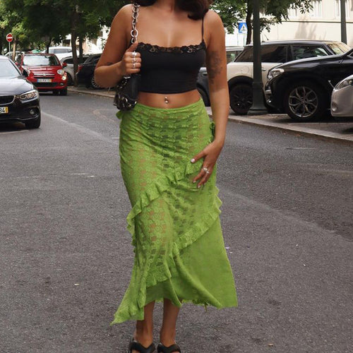 Damen Lange Spitzenrock mit asymmetrischem Rüschenverlauf und eleganter Blumenspitze Echo Archiv